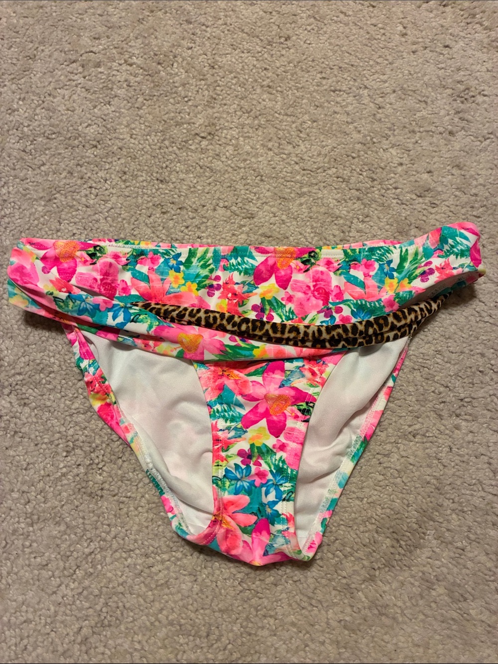 OP Floral Bikini Bottoms in Pink and Teal with Leopard Trim
